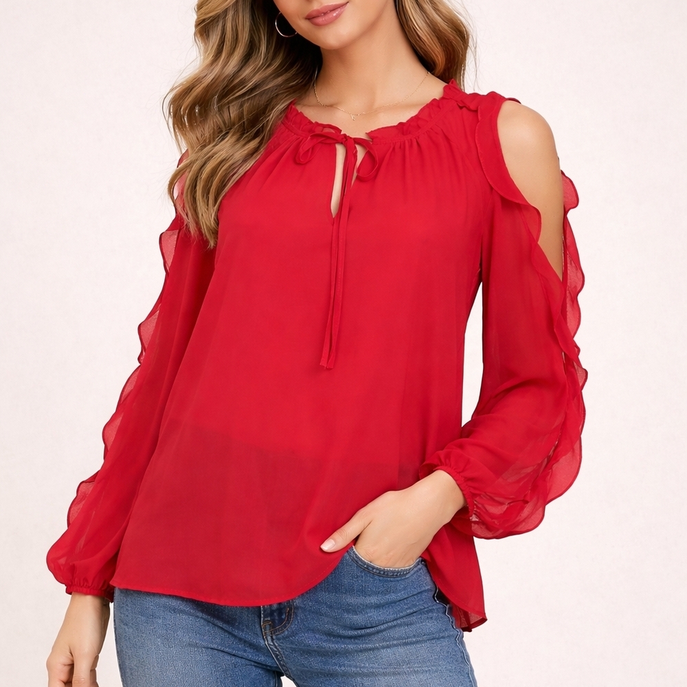 CATHERINE MALANDRINO Hot Pink Ruffle Tie Neck Split Sleeve Chiffon Blouse